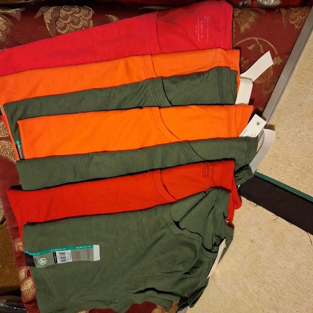 Multiple T-shirts 3 Army Green, 2 Orange, 1 Red, 1Hot Pink